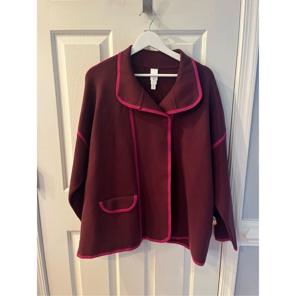 Wynne Collection Burgundy & Hot Pink Heavy Knit Sweater Jacket sz 1X NWOT